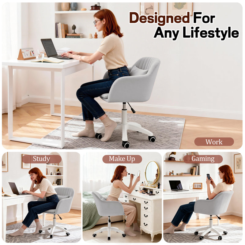 Office Chairs,360°Swivel Vanity Chair with Wheels，Adjustable Velvet Task Chair，Modern Desk Chair for Living Room，Office, Gray