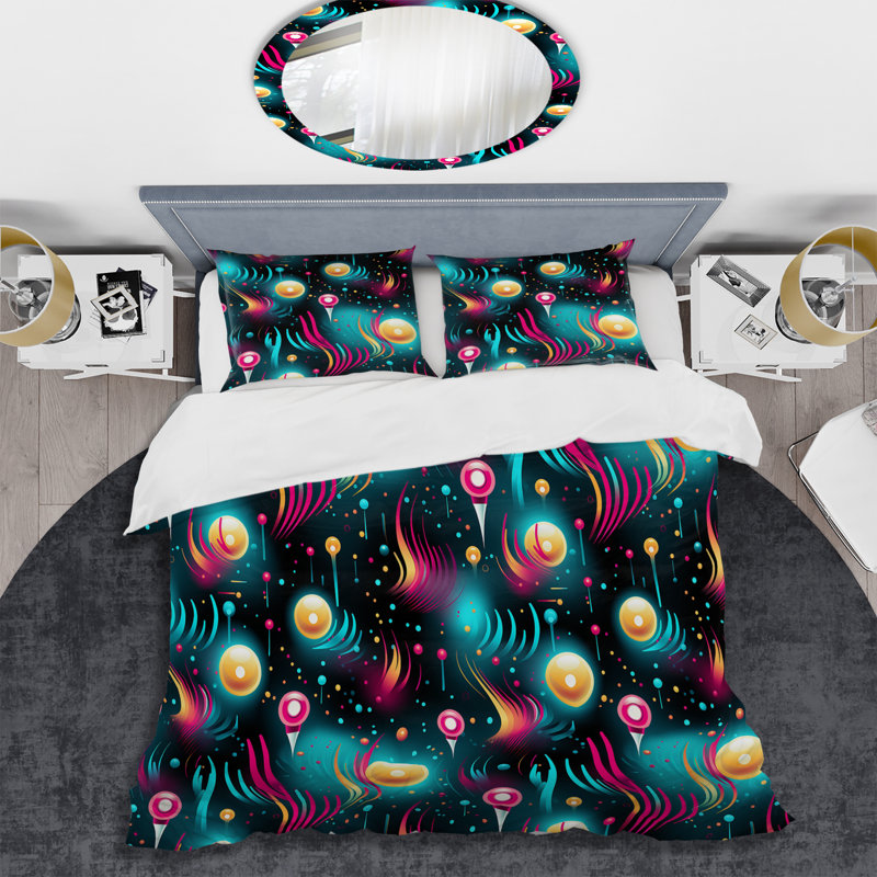 Ensemble de housse de couette rose et bleu Retro Waves III, Housse de couette simple + 1 taie décorative stan