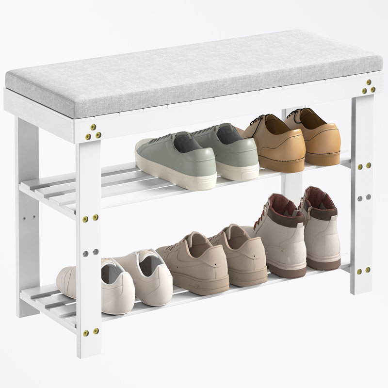 Shoe Bench with Cushion and Adjustable Shelves, White