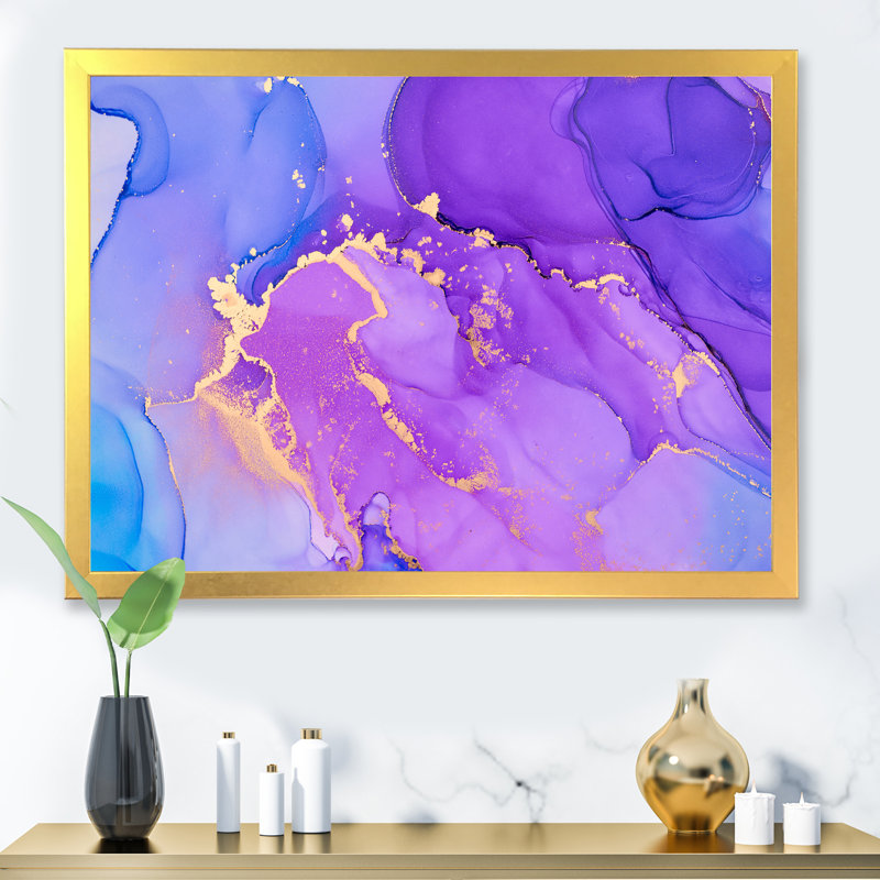 «Mauve et bleu luxe abstrait fluide» - Peinture sur toile, H 34 po x l 44 po x P 1,5 po, Cadre doré