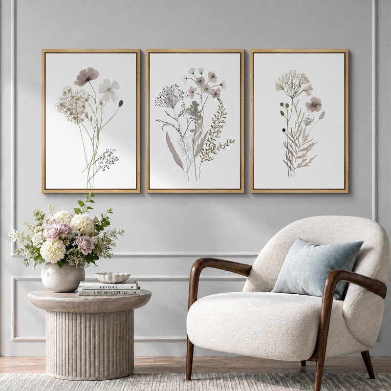 Minimal Botanical "Wildflowers Floral Artwork, Simple Neutral Minimalist Wall Pictures, Large Framed Canvas Giclee Print 3 Pieces Wall Art" 16"x24"x3 pcs, 24"x36"x3 pcs