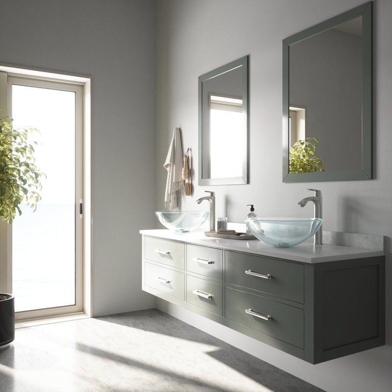 Giovanni 17" L x 17" W x 6" H Round Glass Vessel Bathroom Sink with 12" H Faucet, Black, Brushed Nickel