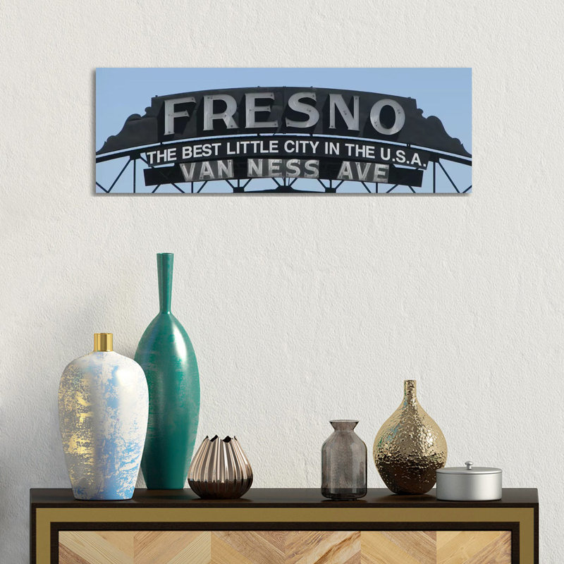 Fresno Panoramic Skyline Cityscape (Sign) by Unknown Artist - Wrapped Canvas Panoramic Print