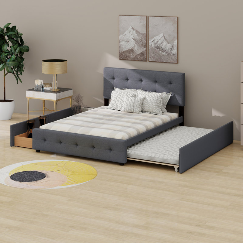 Lit plateforme tapissier avec 2 tiroirs et lit gigogne, Gris foncé