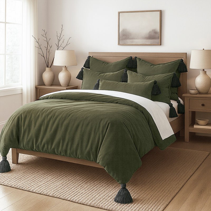 Cascade pompon olive, Housse de couette simple et 3 pièces supplémenta, Olive