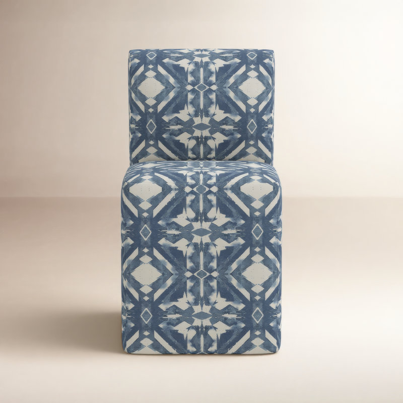 Traudl Cotton Upholstered Parson Chair, Asha Blue Ikat