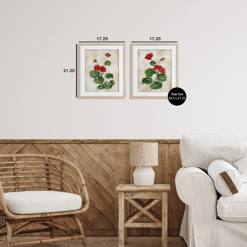"Floral Journal Red Flower", ensemble de 2 reproductions d'art encadrées sous verre, H 21 po x l 17 po