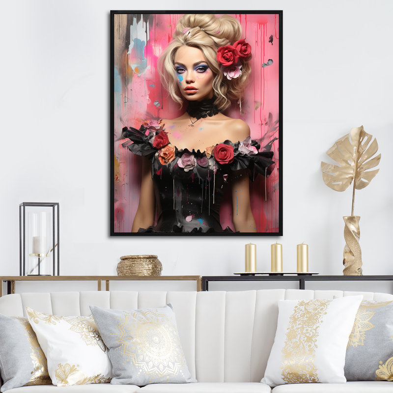 «Black and Pink Sensual Fashion Doll I - Woman Pop Art», art mural, Encadrement doré, H 32 po x l 24 po