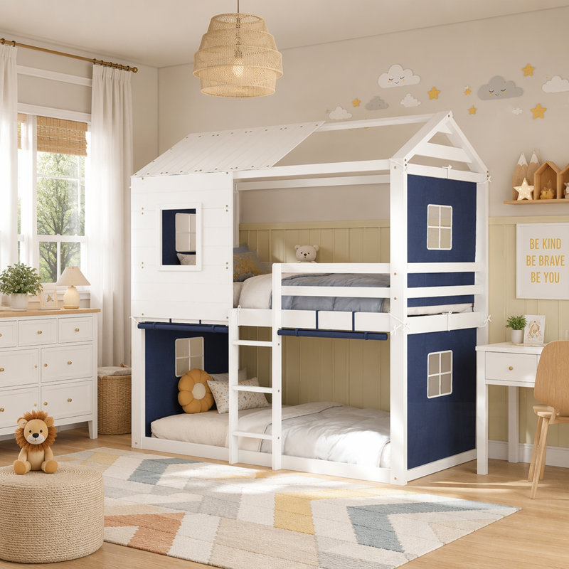 Lit superposé en bois avec tente, conception de maison de jeu amusante et adorable pour les chambres d'enfants