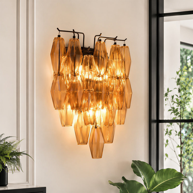 3-Light Dimmable Flush Mounted Wall Sconce with Amber Glass (Bulbs Included), Matte Black