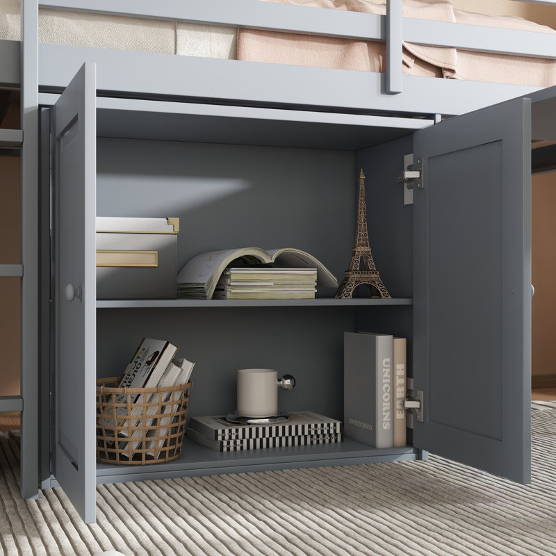  Lit mezzanine simple en bois d'hévéa avec armoires de rangement, bureau coulissant, barrière de sécurité et échelle, gris