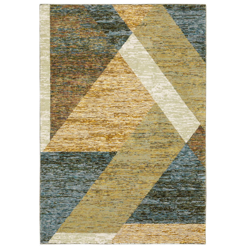 Tapis abstrait ivoire / beige / bleu Sitton, Rectangle 3 pi 3 po x 5 pi 2 po
