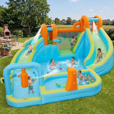 Château gonflable 16 pi x 14 pi x 7 pi avec souffleur, château d'eau pour enfants, tissu Oxford classique, bleu, cadeau d'anniversaire de Noël