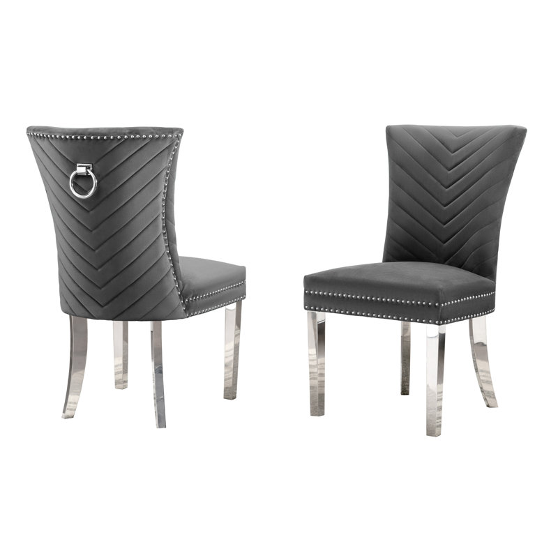 19'' H Velvet Upholstered Metal Side Chair, Dark Gray, Silver