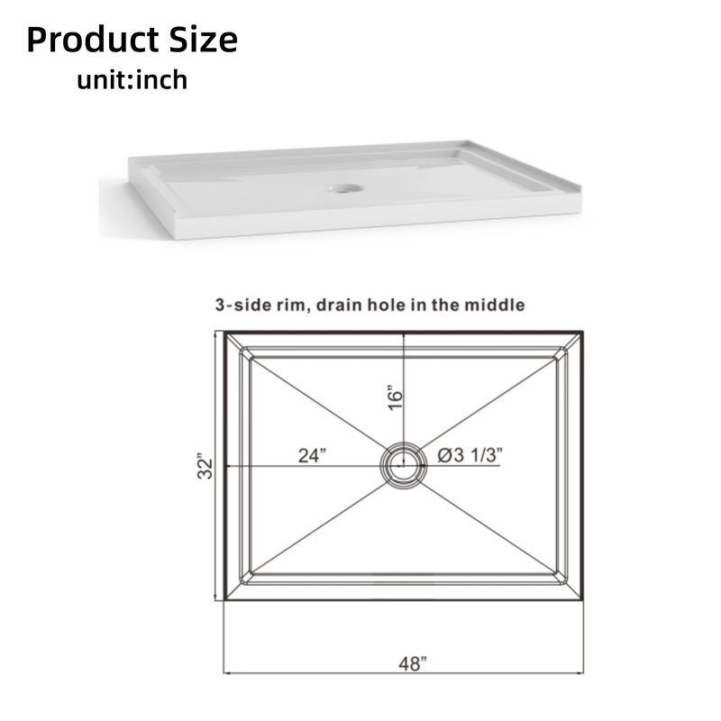 32-Inch X 48-Inch White Shower Base 3.4-Inch Height Non-Slip Acrylic Center Drain Single-Threshold Shower Base