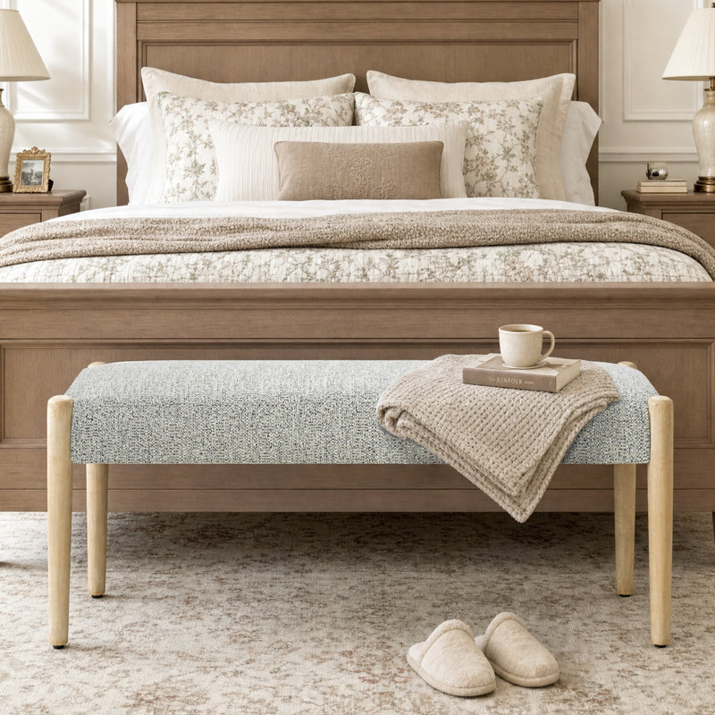 42'' W Modern Upholstered chenille Bench, Beige, Light Brown