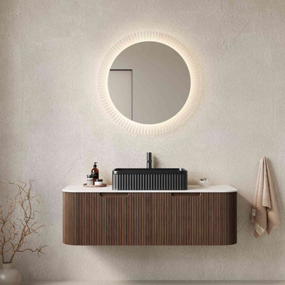 48" Bathroom Vanity with Sink, Wall-Mounted Curved Edges Striped Bathroom Storage Cabinet with 2 Drawers, White Rectangular Ceramic Basin, No Faucet, Pre-assembled