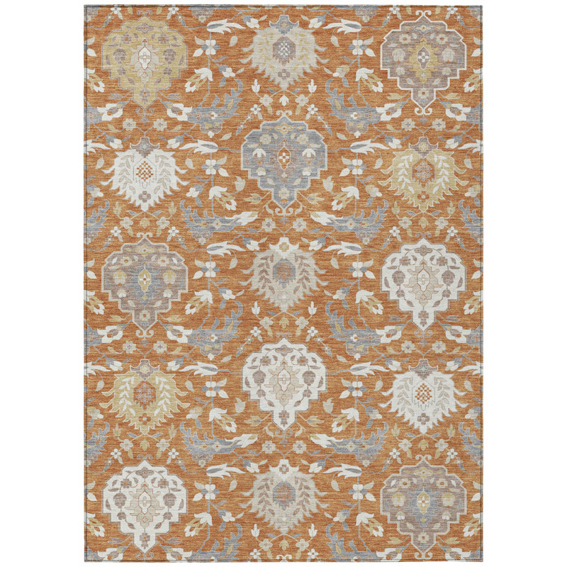 3' X 5' Copper Ivory And Gray Damask Washable Indoor Outdoor Area Rug