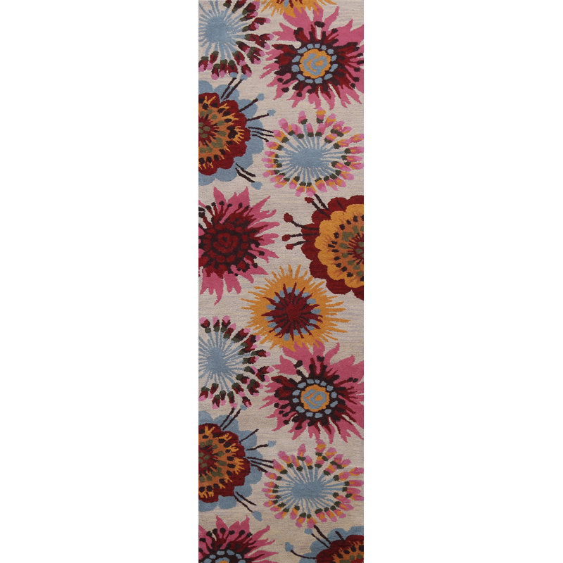 Tapis de couloir en laine touffeté à la main ivoire / orange / rose