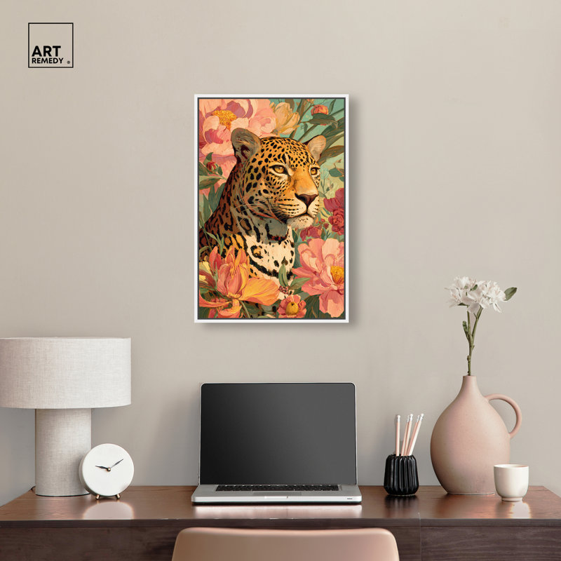 «Wild Cat in Bloom II», reproduction d'art sur toile encadrée par Art Remedy, cadre blanc, 16 x 24, 25"H x 17"W, White Frame