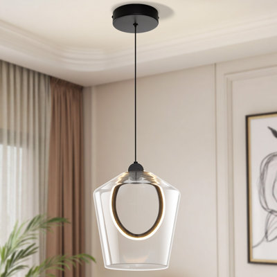 Luminaire suspendu moderne à 1 lumière à DEL simple noir mat avec abat-jour en verre transparent de 8,11 po