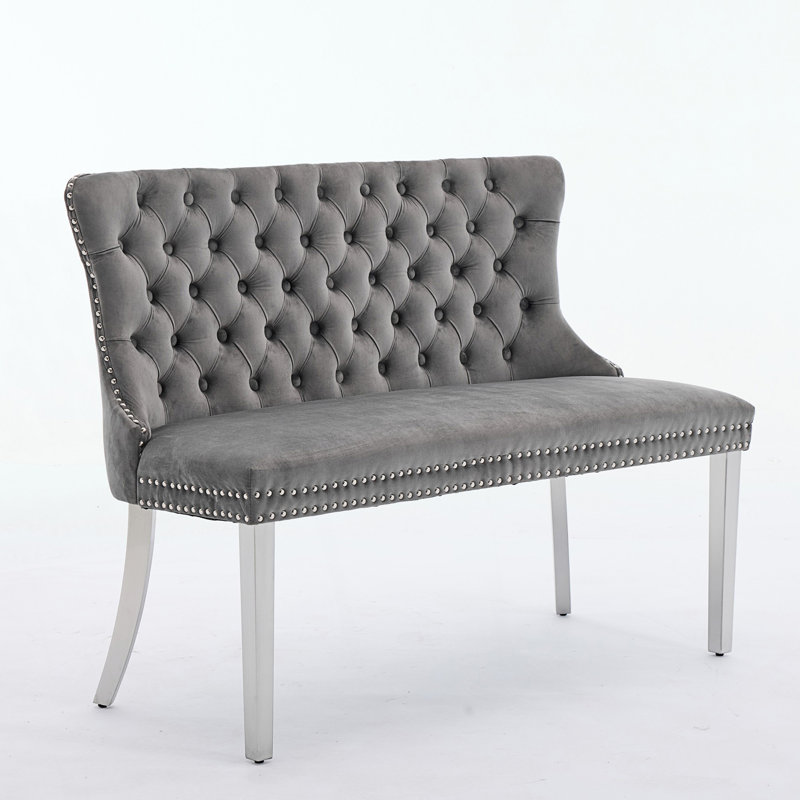 Double Dining Loveseat Bench, 2-Seat Tufted Bench, Gray, Silver