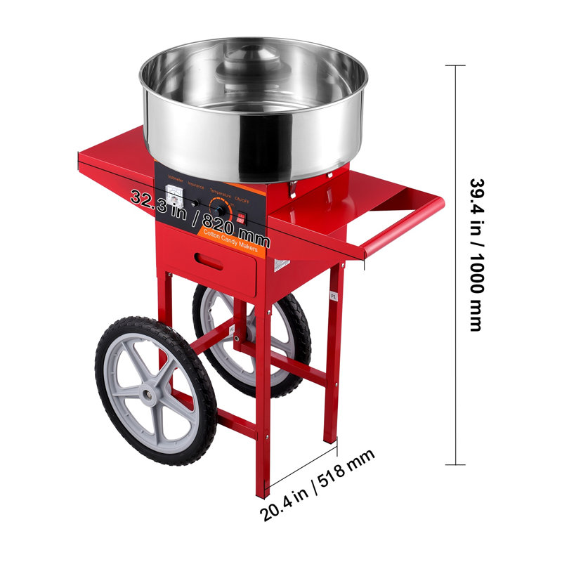 Machine à barbe à papa électrique commerciale avec chariot - Machine à barbe à papa en acier inoxydable 1000W pour fêtes et carnavals