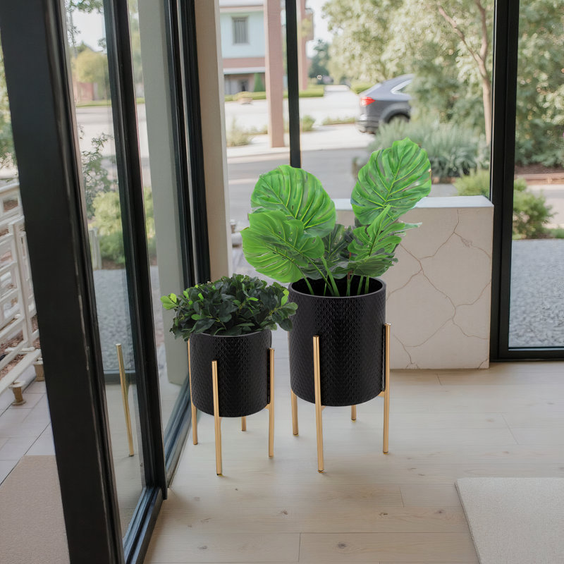 Aideen Metal Planter Pot Set for Indoor & Outdoor Use - Set of 2, Diamond Black