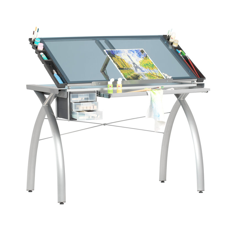 Futura Metal and Glass Artist Craft Table, Silver / Blue Glass