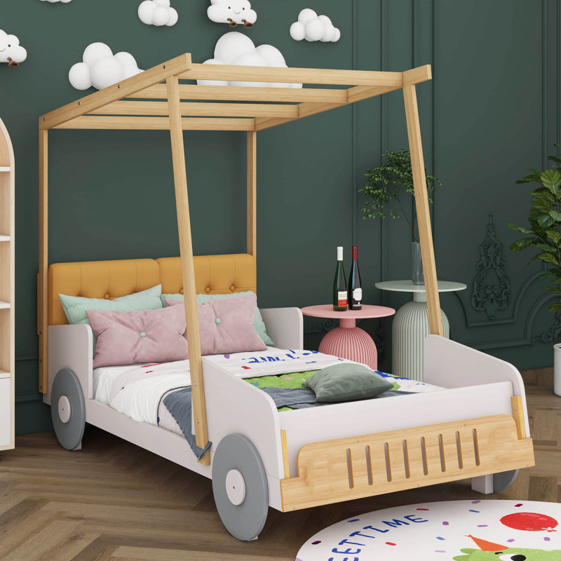 Lit voiture en bois Jahleel avec coussin, toile de plafond et, Simple