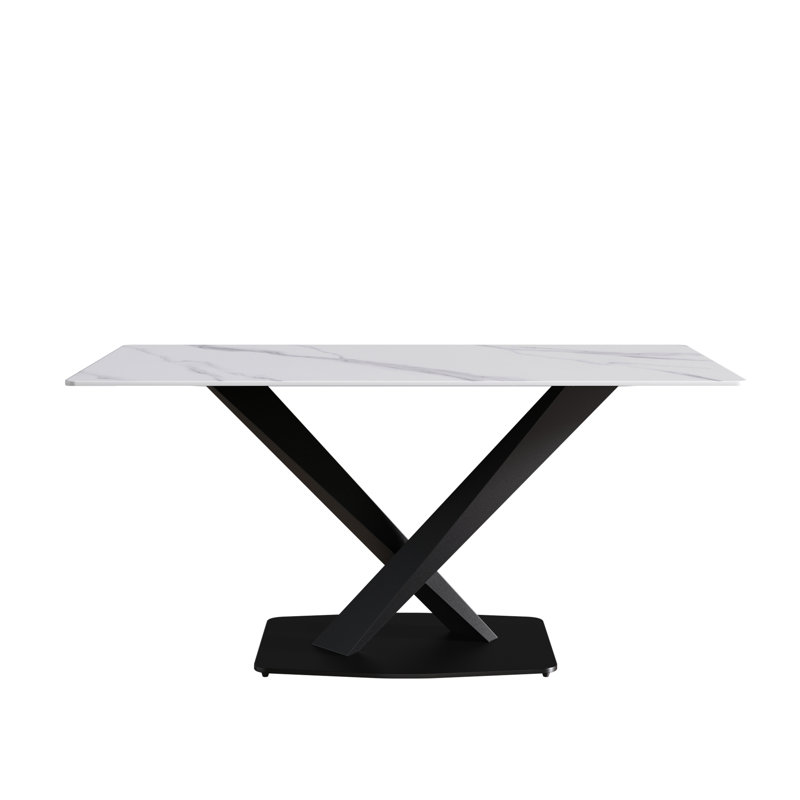 Table de salle à manger en pierre frittée blanche de 63 pouces avec métal noir solide pouvant accueillir 6 personnes. Table rectangulaire de 63 po, base et sièges