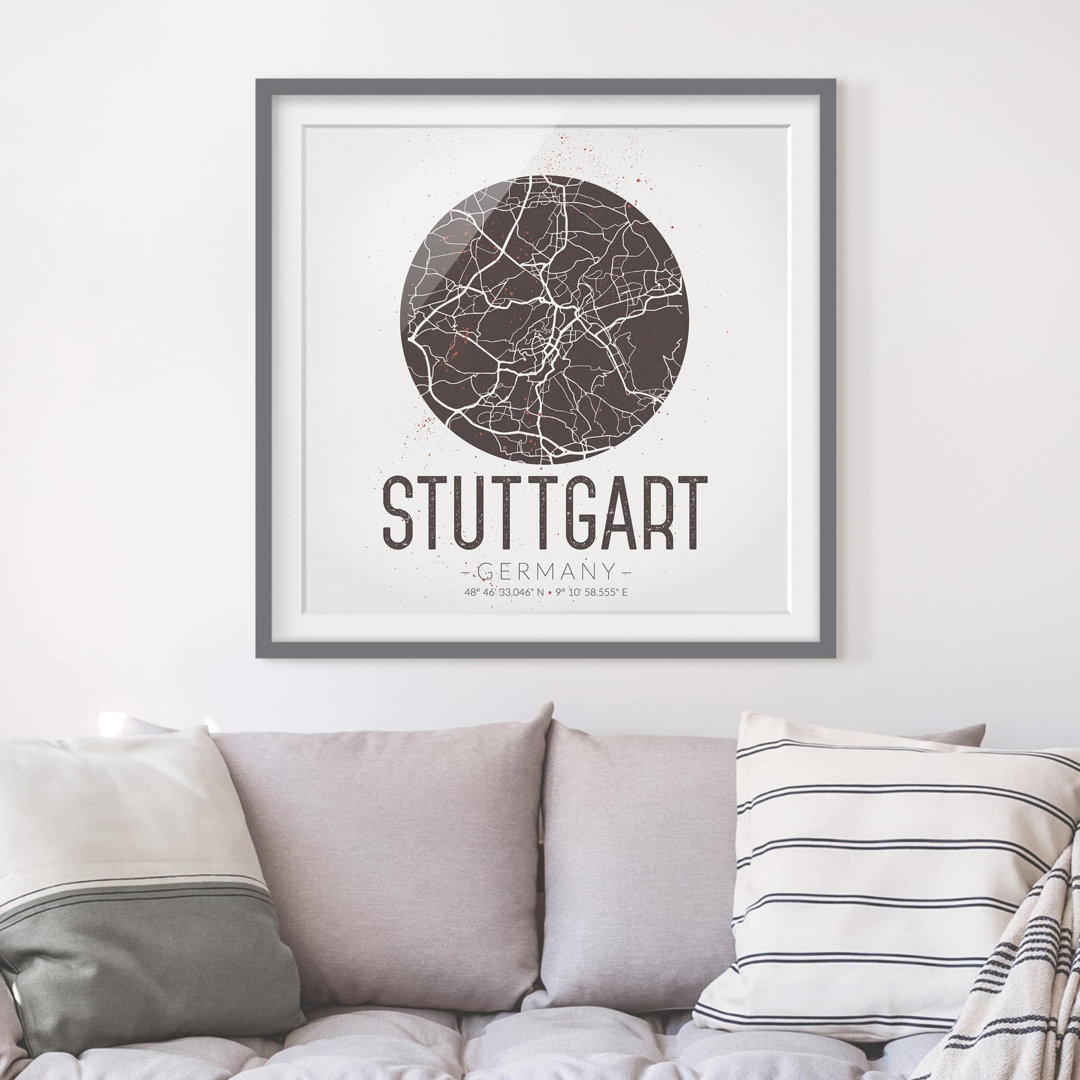 Gerahmtes Papierbild Stadtplan Stuttgart - Retro