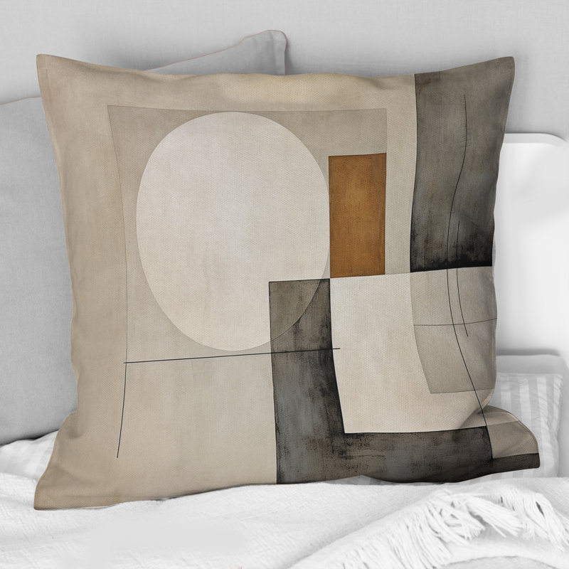 Coussin décoratif à imprimé abstrait suprématisme beige et brun, 20" x 20"