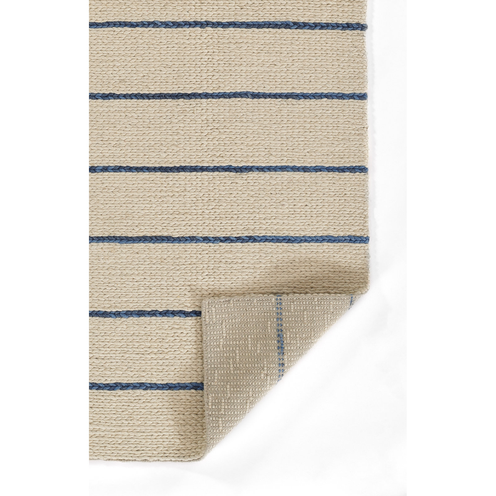 Lemington Beige Blue Hand-Braided Striped Rug, Runner 2'6" x 8'