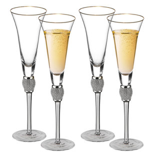 4 Piece Elegant Crystal Set Wedding Champagne Glasses With Diamond Rhinestone Accents And A Rim - 11 In Tall With Slender Long Stems, 7 Oz - Chic Toasting Set For The Bride And Groom