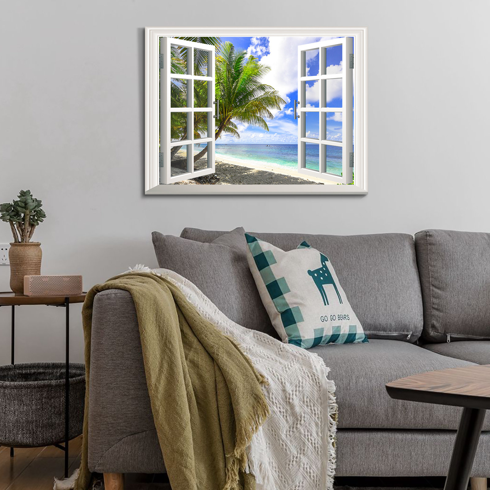 Framed Canvas Printed Window Scene Landscape Wall Art Decor Painting,Summer Beach Painting, Decoration for Office, Living Room, Bathroom, Bedroom, image size:1600x1600