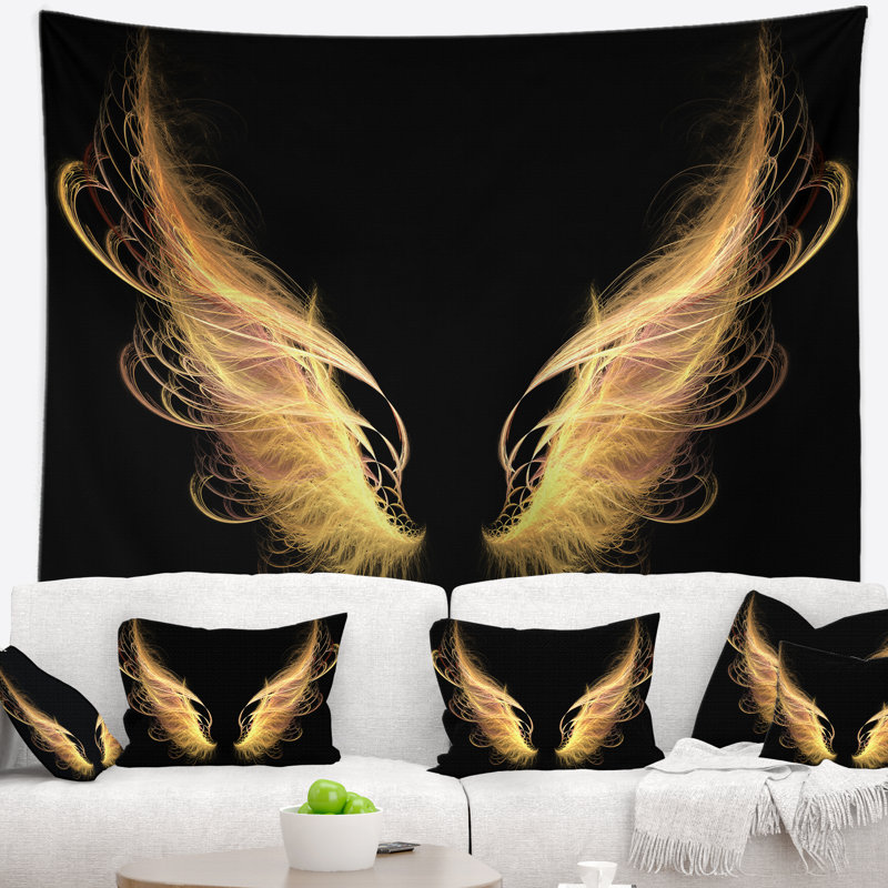 Ailes d'ange doré sur tapisserie noire, H 32 po x l 39 po
