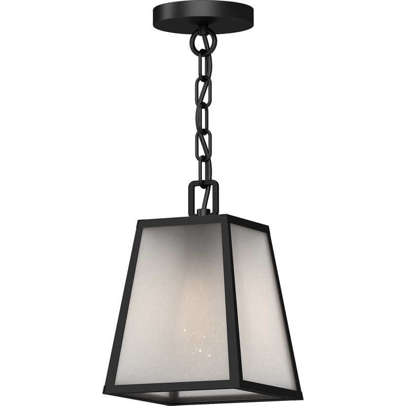 1-Light Outdoor Black Trapezoid Lantern Hanging Pendant with Frosted Glass