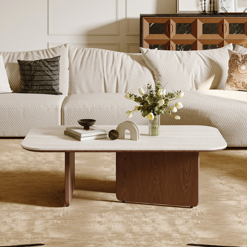 Table basse de style Mid-Century 51,18 po, plateau de table en pierre frittée beige, 3 pieds en bois massif, brun