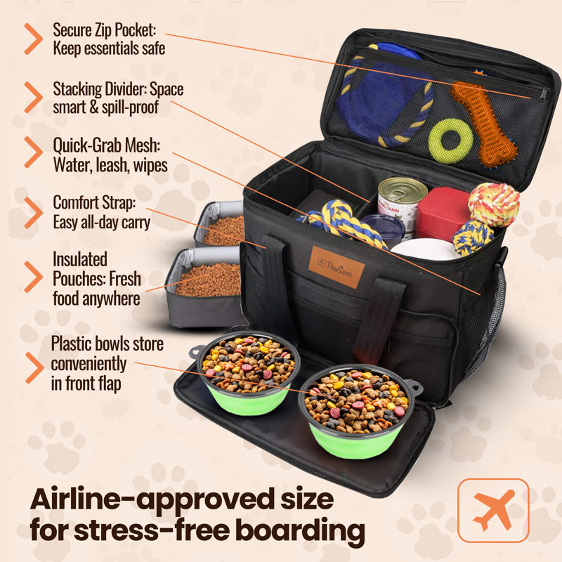 Pawseat Week‑away Pet Tote, Travel Bag With Built‑in Meal Carriers, Black Medium