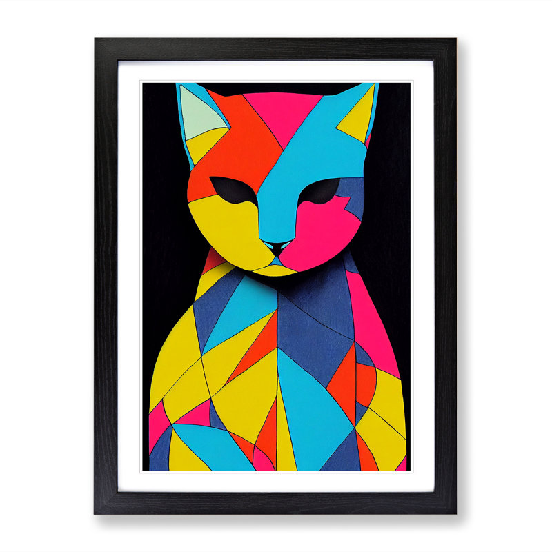 FRM-V0523-373X Cat Block Colour - Single Picture Frame Print, Black Framed, 46cm H x 34cm W x 2cm D