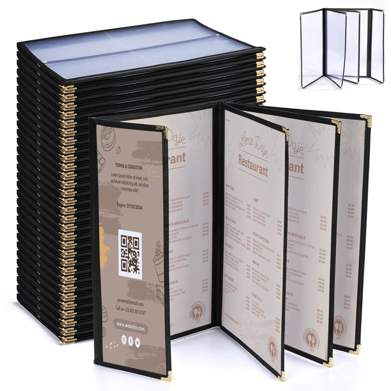 Paquet de 30 couvercles de menu de restaurant WeChef 8,5 x 14 po 4 pages 8 et 4,25 x 14 po, H 0,4 po x l 9,7 po x P 14,8 po