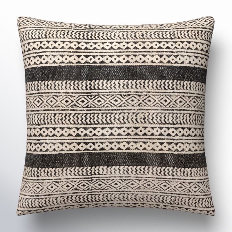 Oreiller carré en coton Zetta, Beige/noir, 20 po x 20 po, Housse de coussin seulement - sans coussin