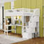 Lit mezzanine simple en bois avec bureau intégré, tablettes, armoires et DEL-571405519