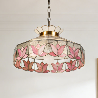 Single Head  Vintage Stained Glass Pendant Light, Pink Lotus Flower Hanging Lamp With Adjustable Chain