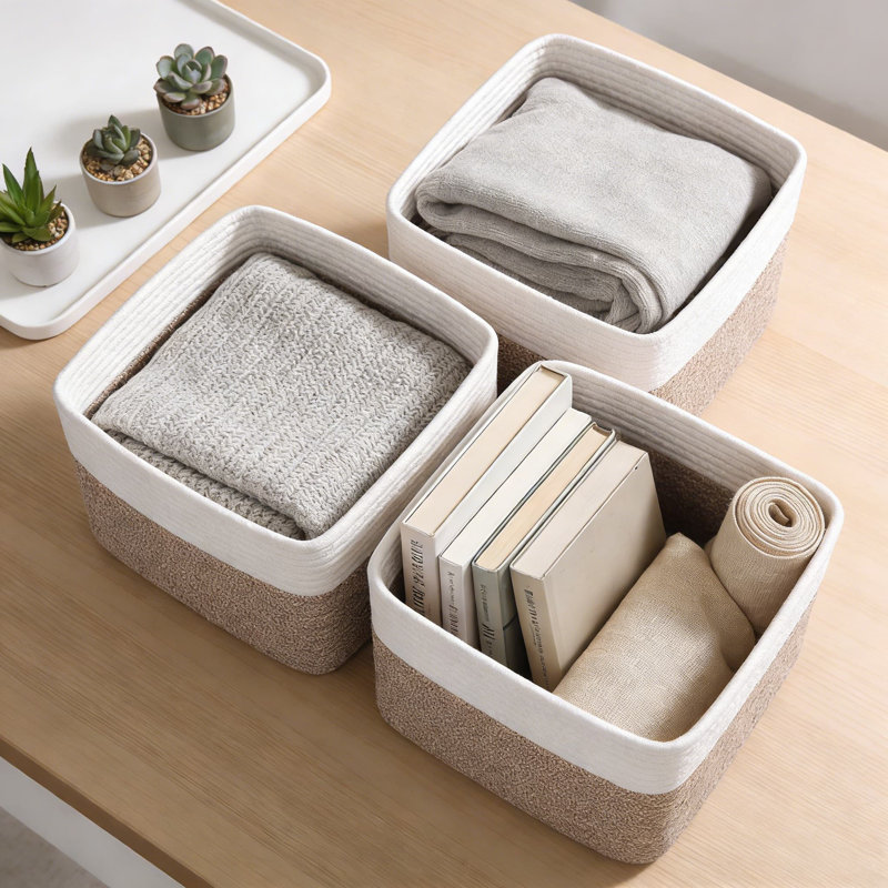 Cotton Rope Woven Storage Baskets, 3-Pack Cube Organizer Bins With Reinforced Handles For Shelves, Closets, And Home Organization