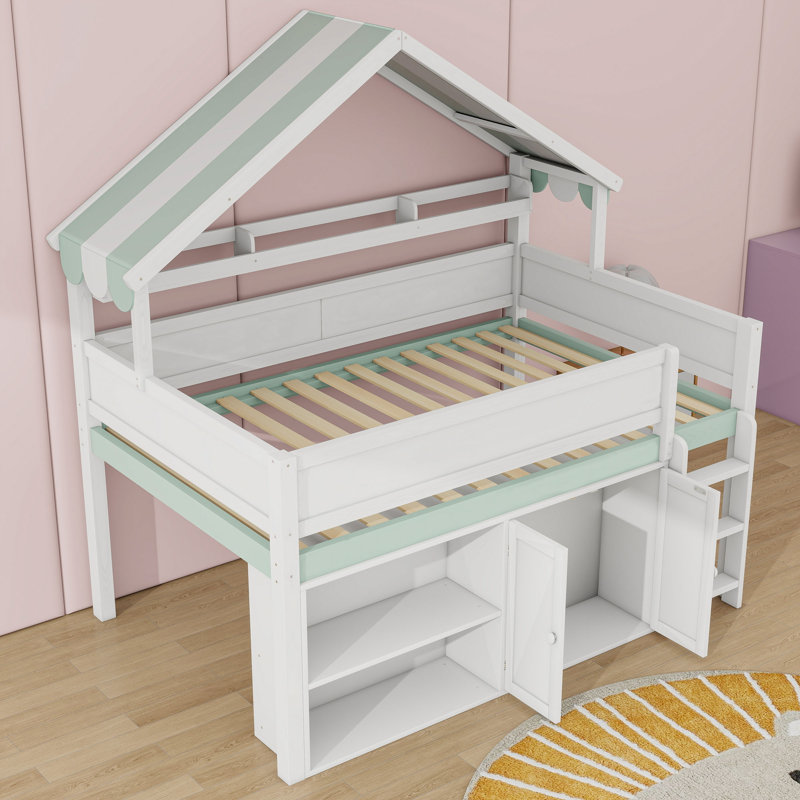 Lit mezzanine avec toit à baldaquin, armoire de rangement intégrée et tablettes, Blanc / vert
