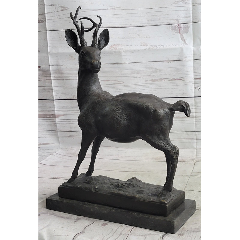 Bronze Deer Figurine on Marble Base with Antlers
