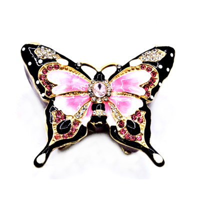 Pink Color Enamel Butterfly Trinket Box with Austrian Crystals