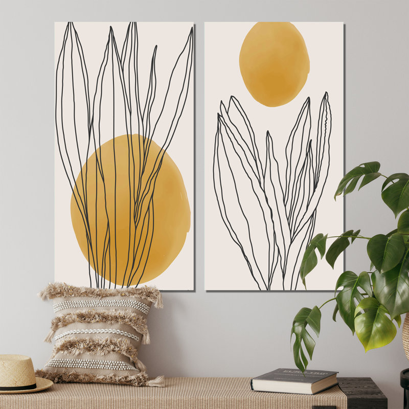 «Yellow Botanical Abstract Leaves I», ensemble de 2 peintures, H 20 po x l 24 po x P 1 po, Toile tendue